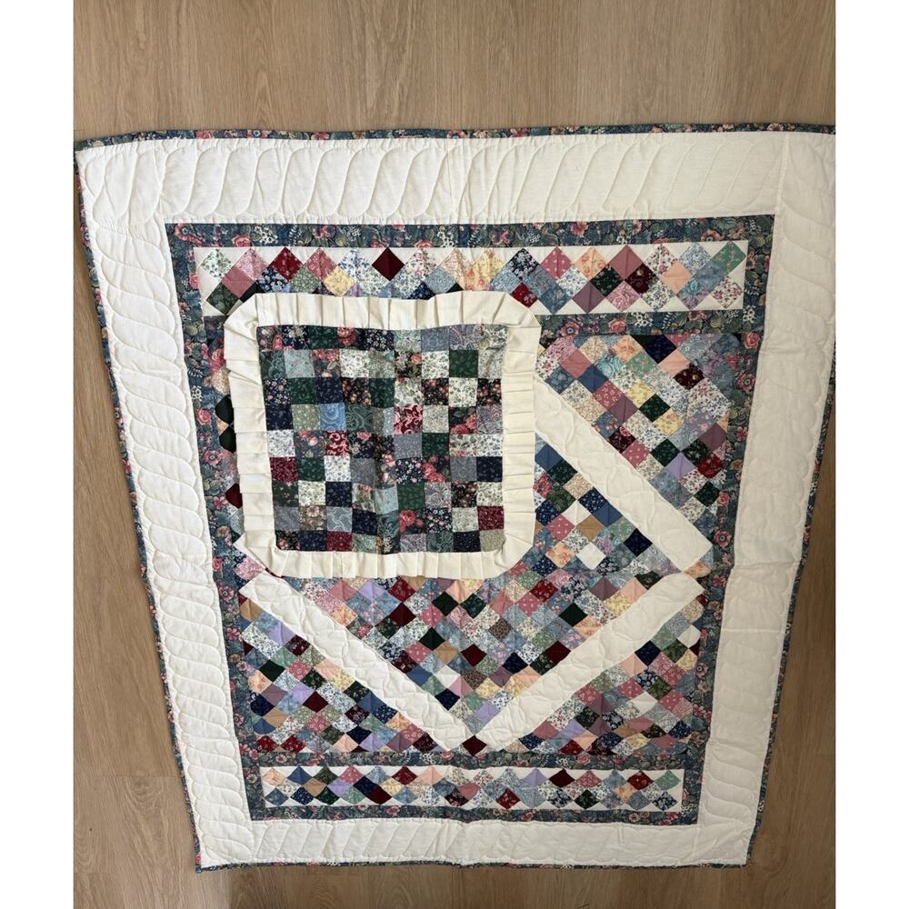 Vintage Patchwork Crib Quilt With Throw Pillow Sham 47”x 58”